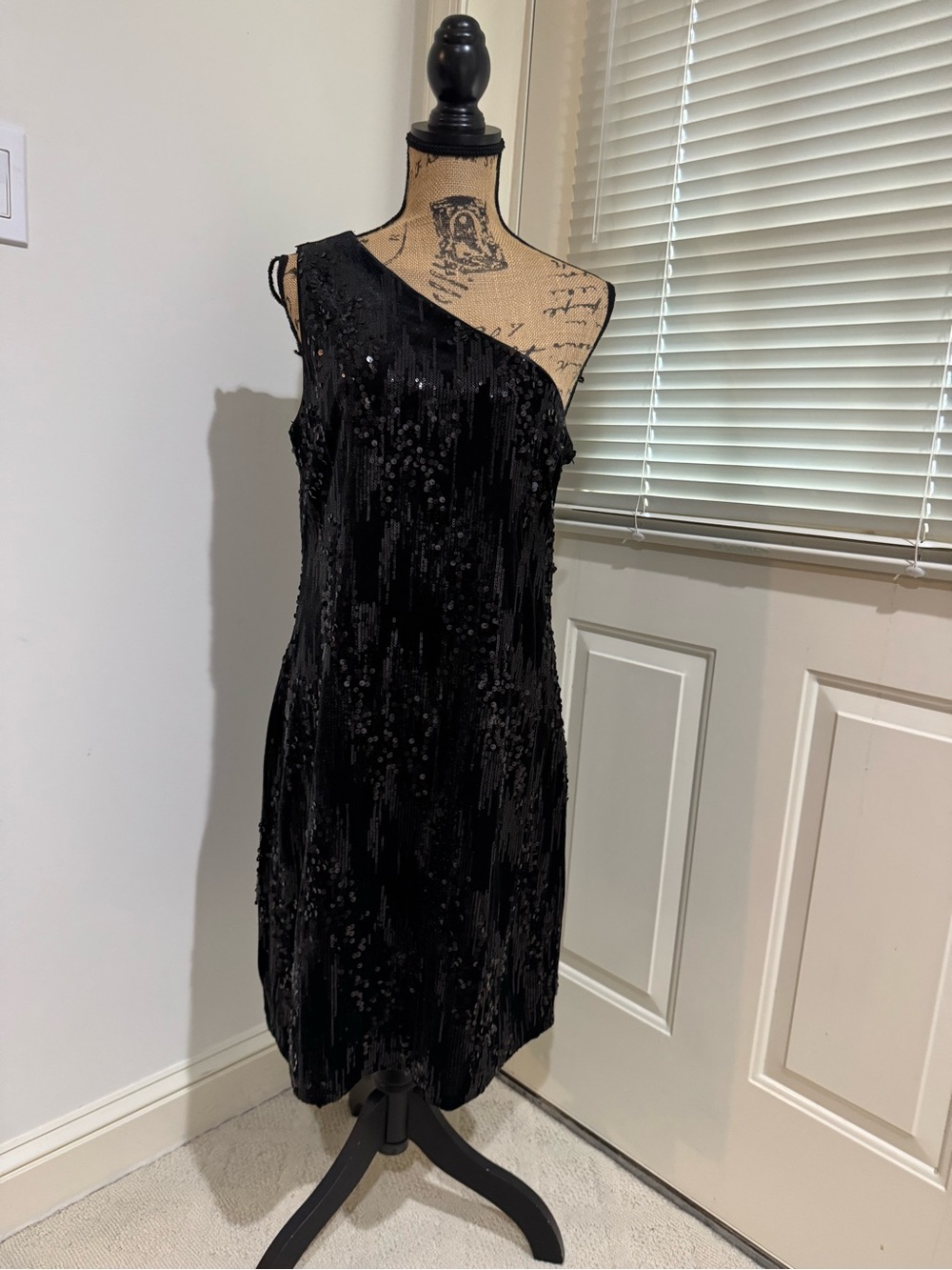 Nicole Miller Black One-Shoulder Sequin Fringe Dress